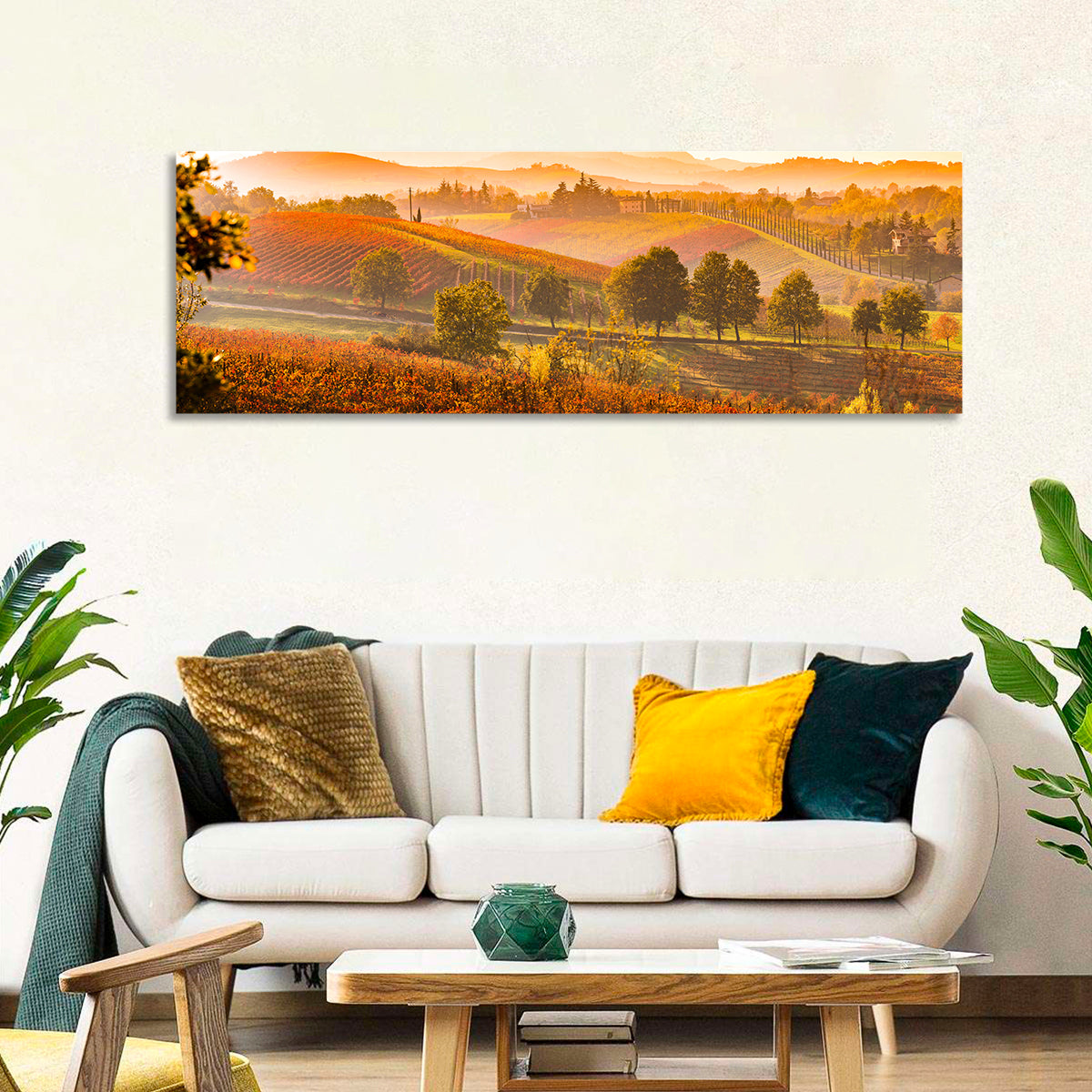 Golden Hour Vineyard Hills Wall Art in a room, panoramic