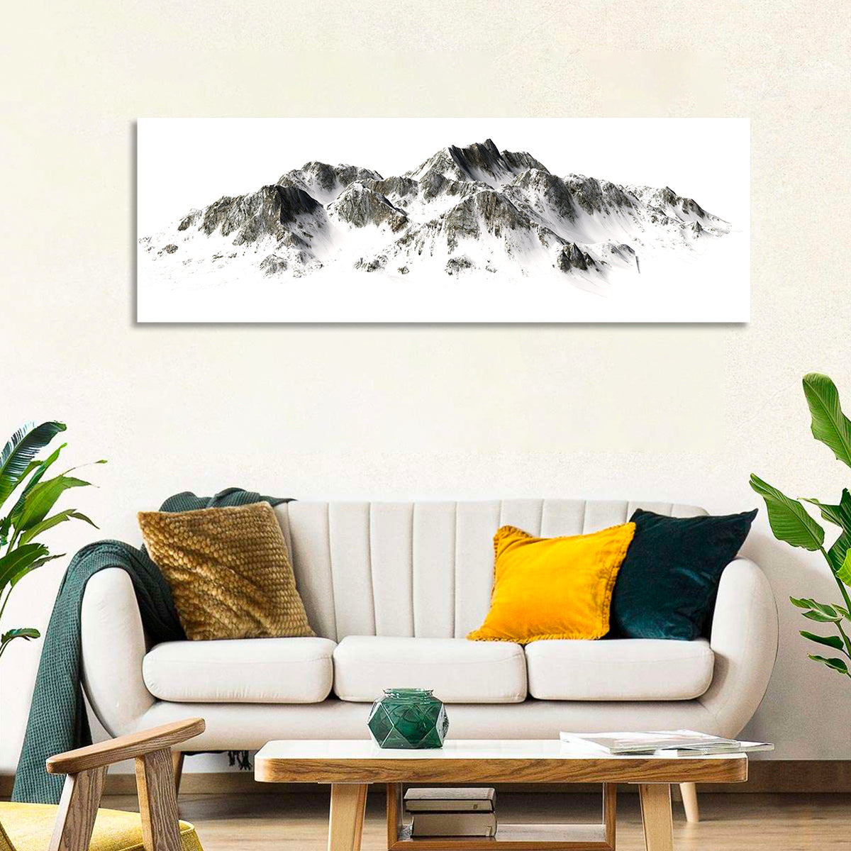 Winter Snow-capped Mountain Range Wall Art in a room, panoramic