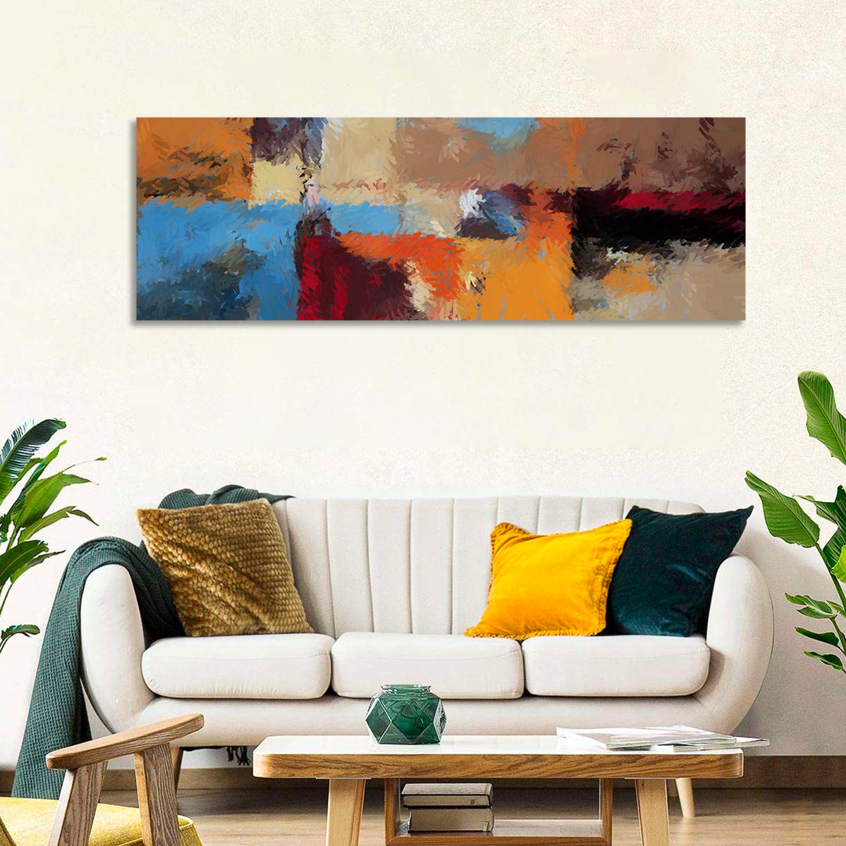 Patchwork Leaves in Blue and Orange Wall Art in a room, panoramic