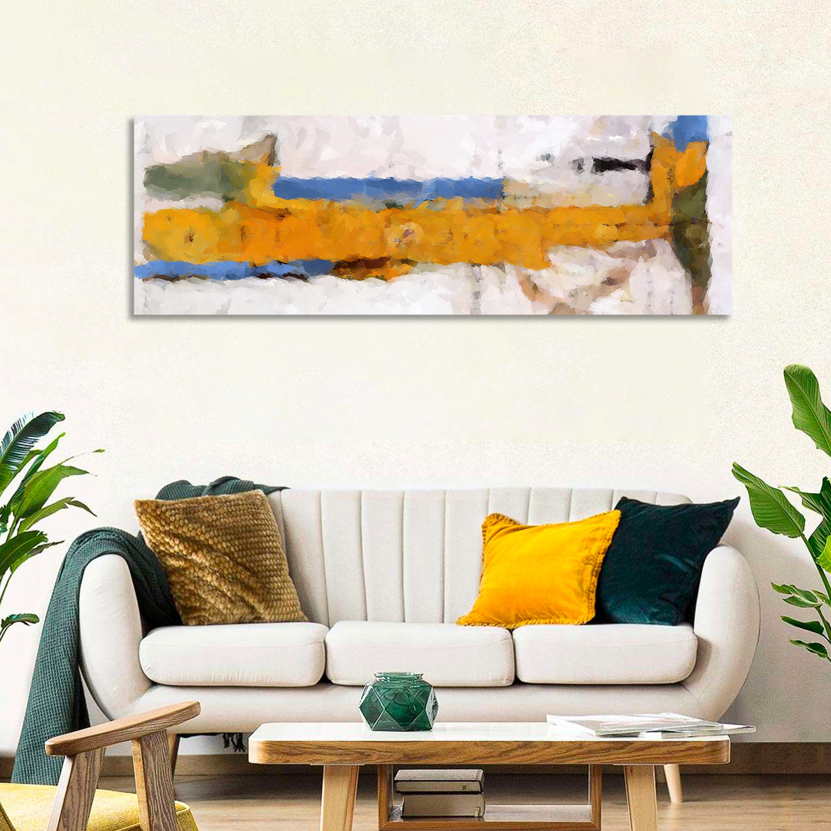 Lake Reflection in Yellow and Blue Wall Art in a room, panoramic