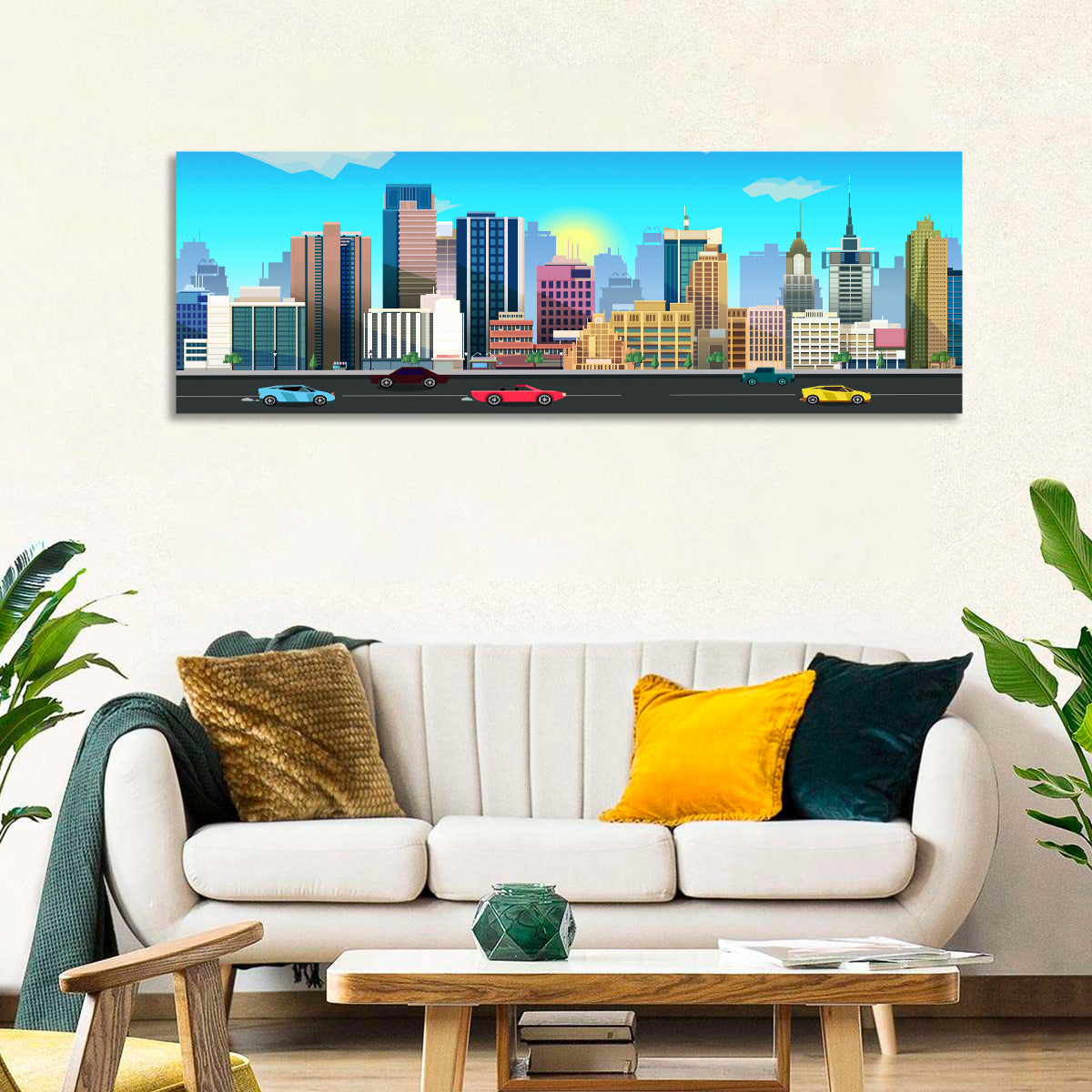 Geometric City Skyline with Sun Flare Wall Art