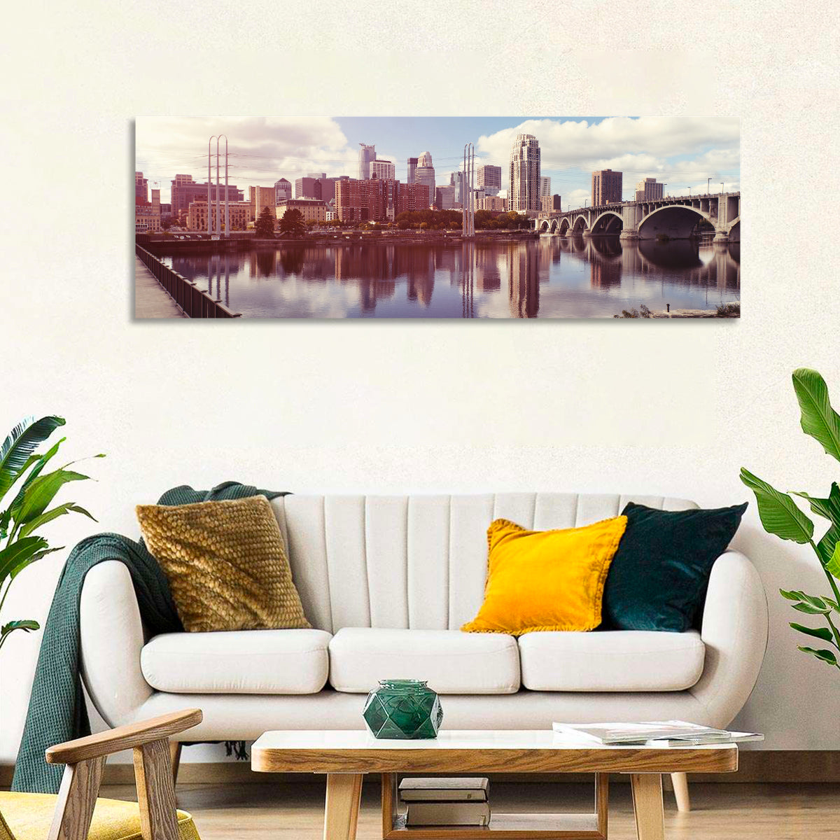 Minneapolis Skyline at Third Avenue Bridge Wall Art in a room, panoramic