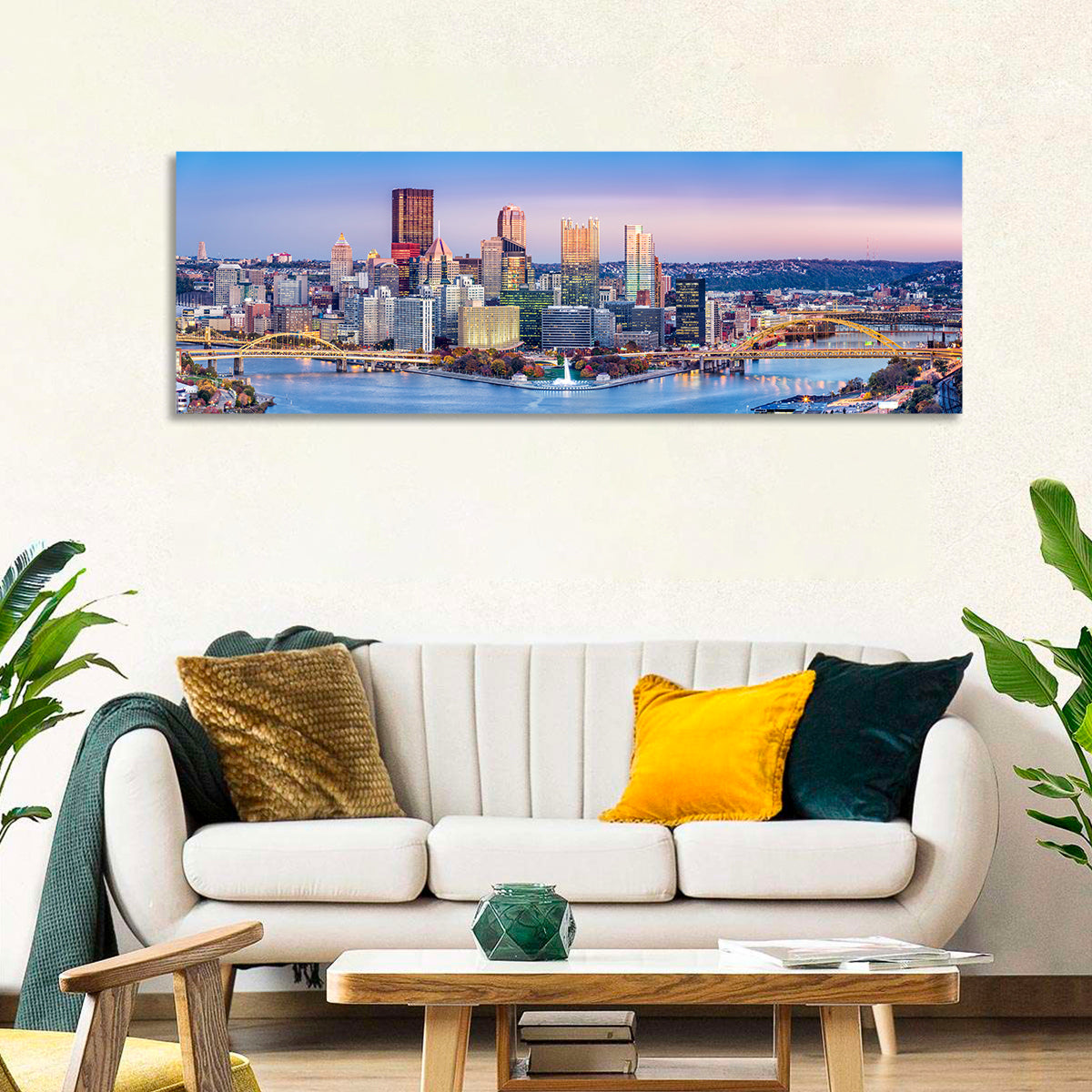 Pittsburgh Twilight Skyline Wall Art in a room, panoramic