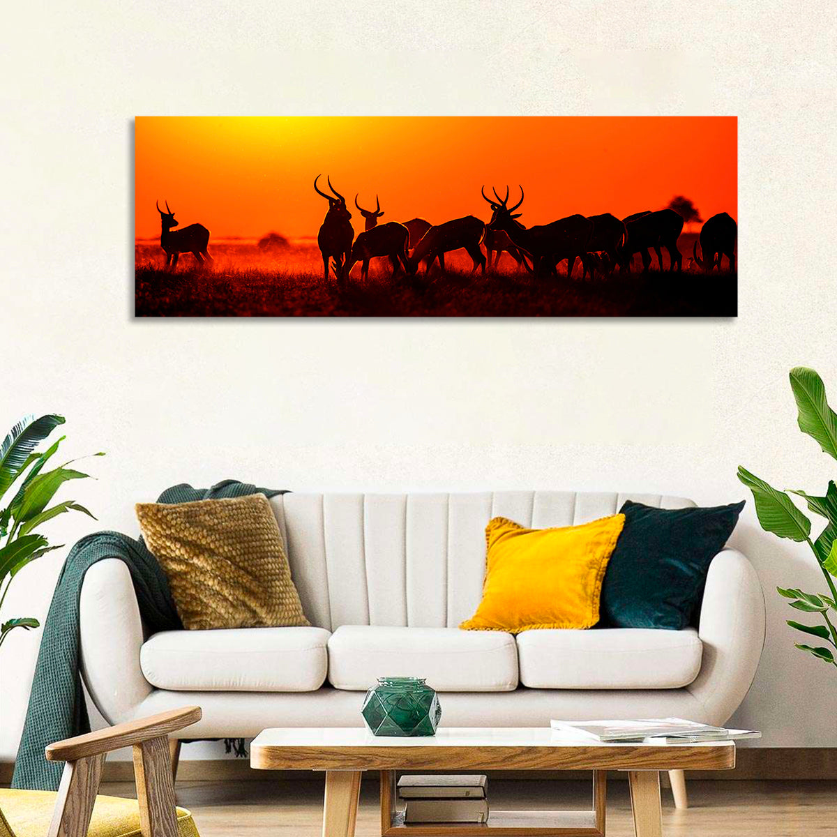 Antelope Herd at Sunset Wall Art in a room, panoramic