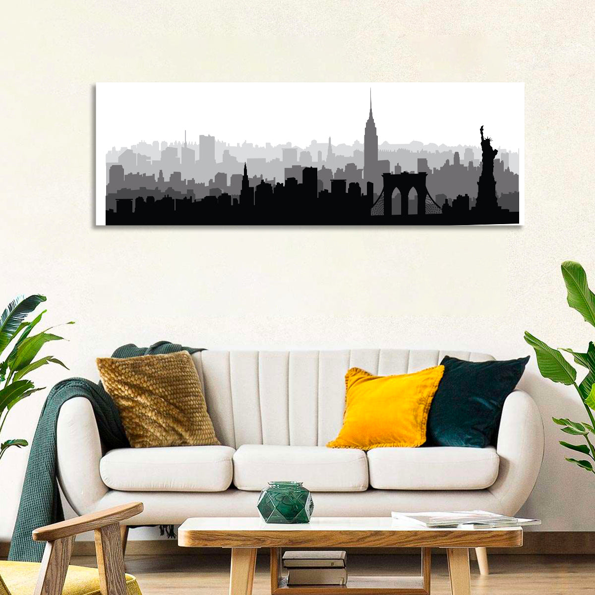 New York Skyline Silhouette Wall Art in a room, panoramic