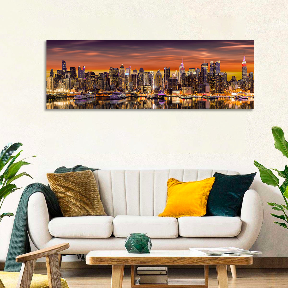 Midtown Manhattan Skyline Wall Art in a room, panoramic