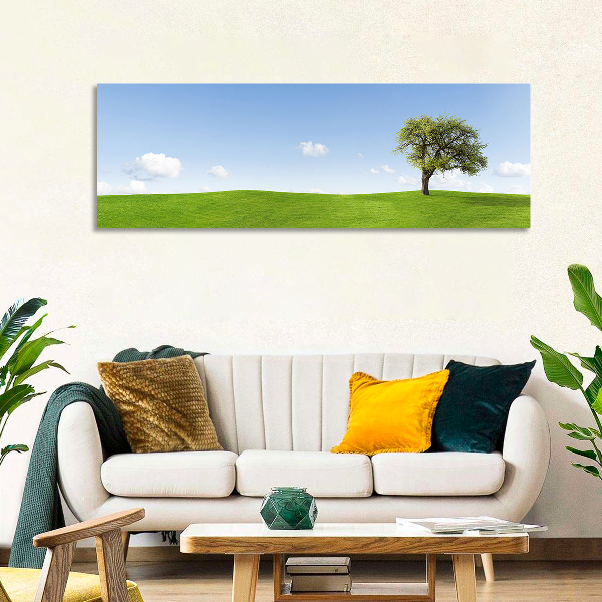 Lone Tree on Green Hill Wall Art in a room, panoramic