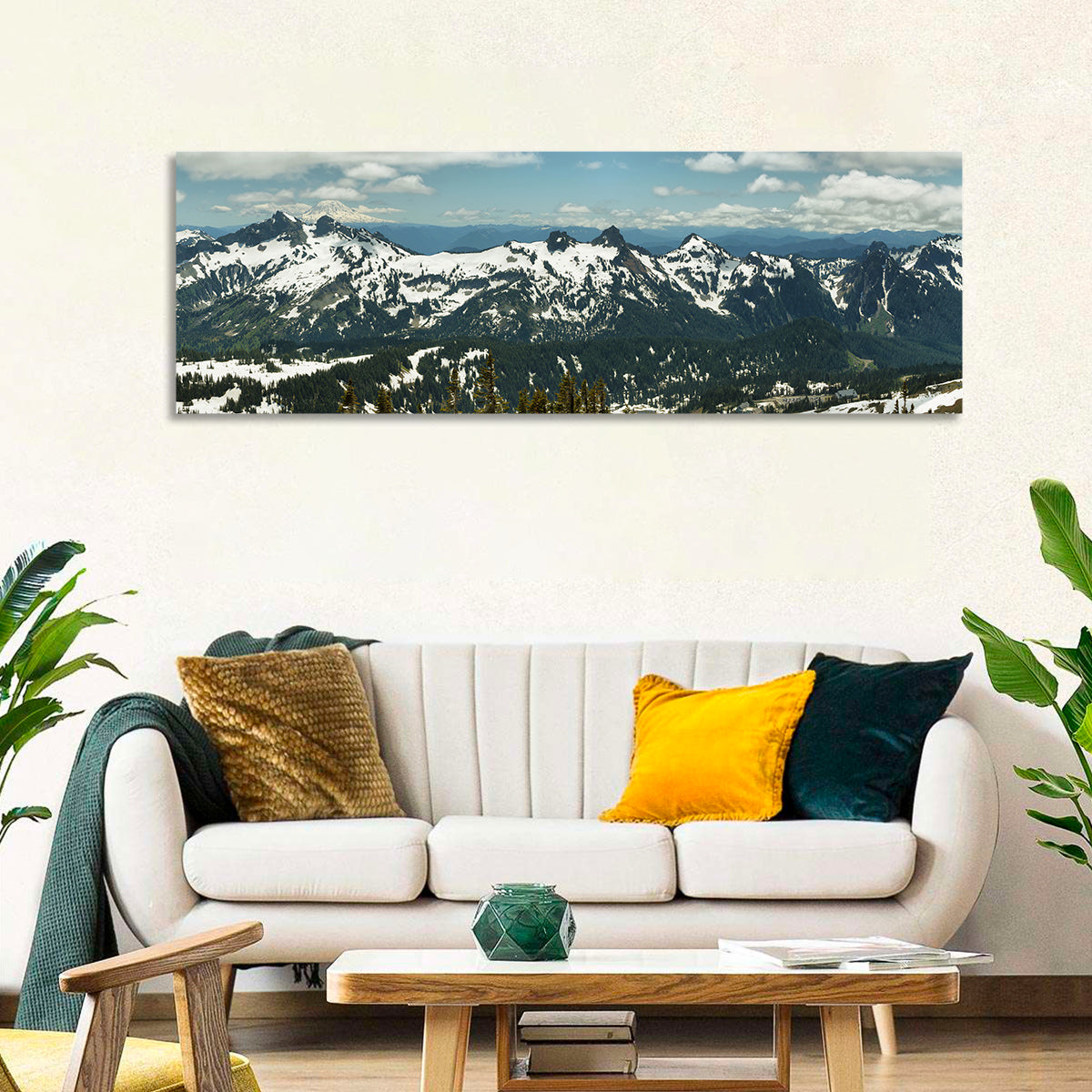 Mount Adams Snow Peaks Wall Art in a room, panoramic