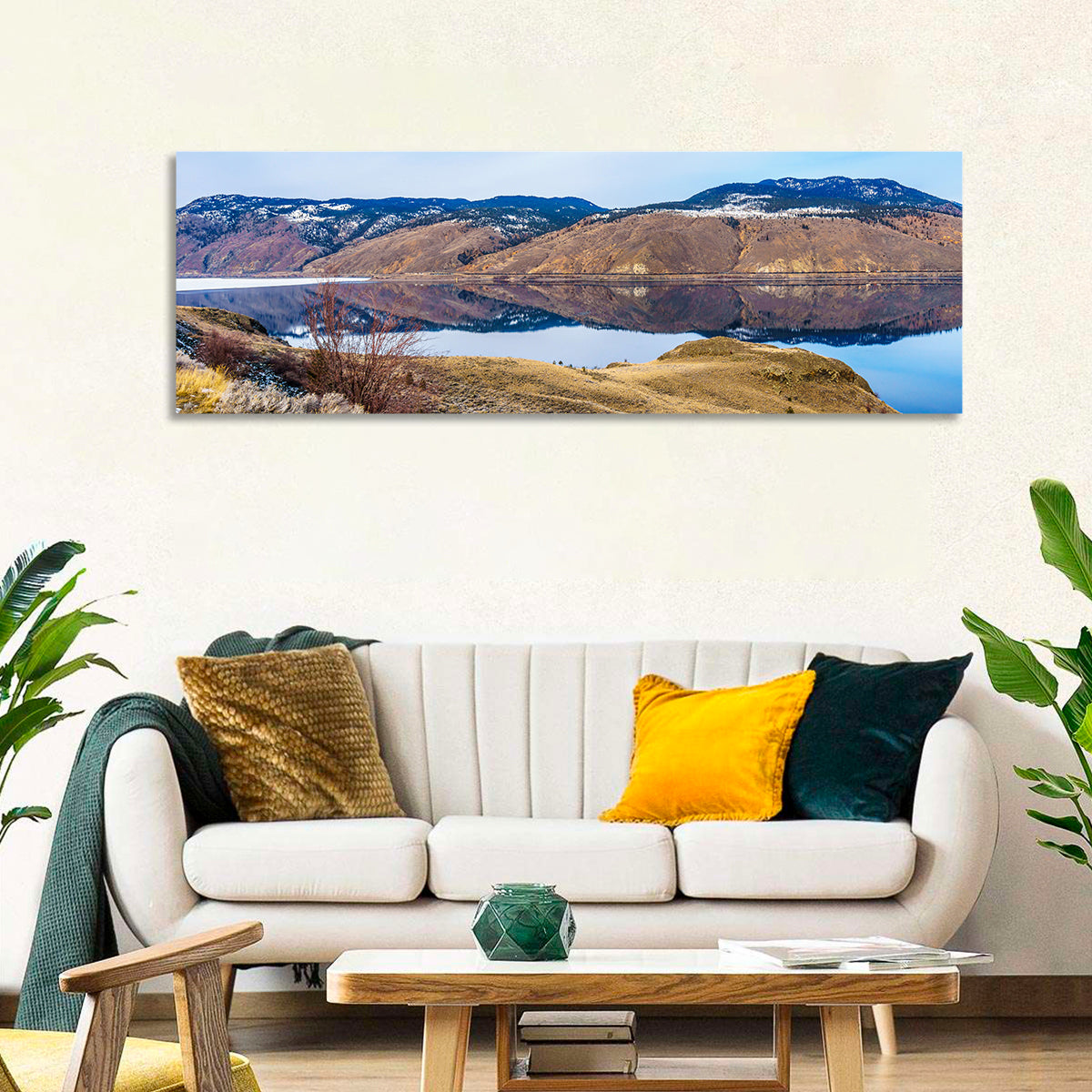 Kamloops Lake Mountain Reflection Wall Art in a room, panoramic
