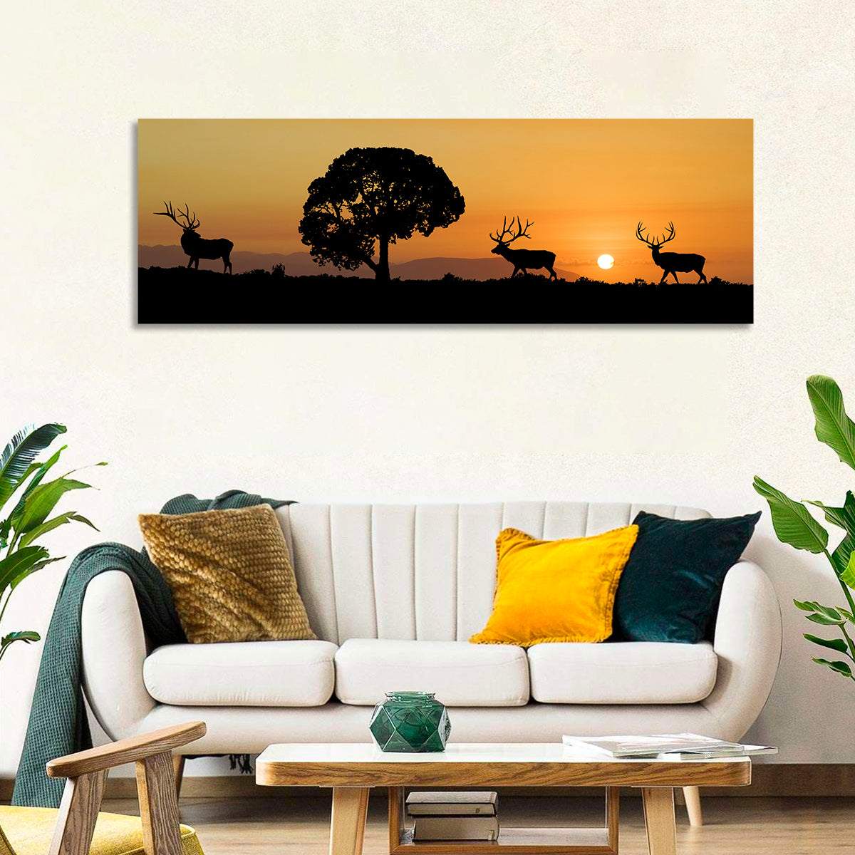 Bull Elk Sunset Silhouette Wall Art in a room, panoramic