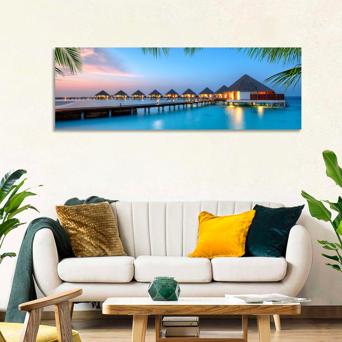 Overwater Bungalows at Twilight Wall Art in a room, panoramic