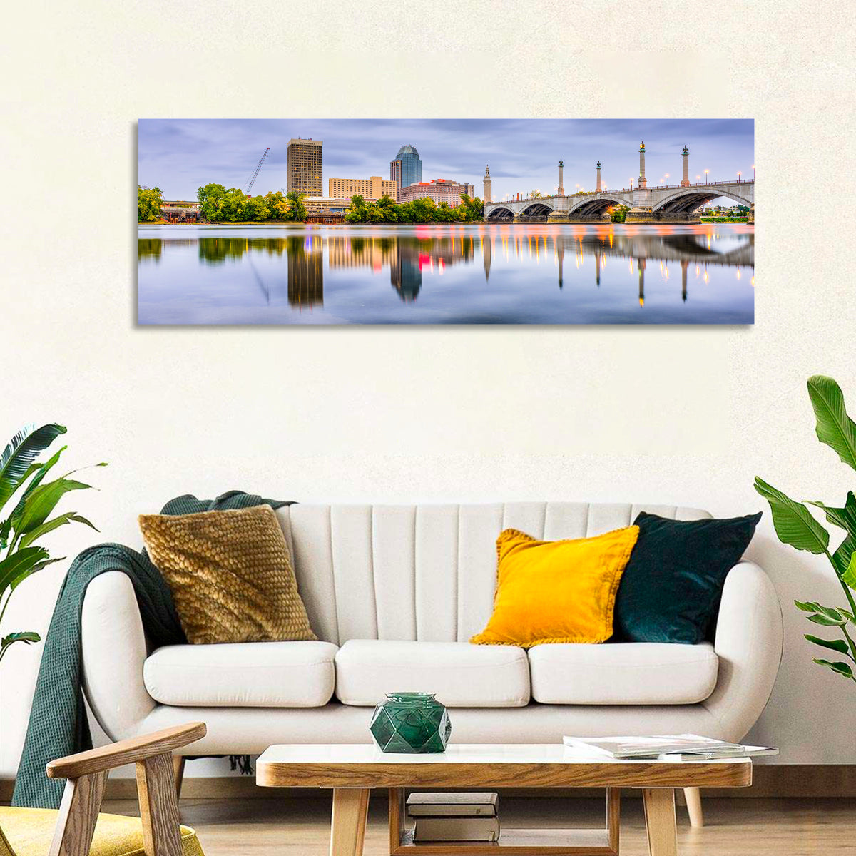 Springfield Memorial Bridge Skyline Wall Art in a room, panoramic