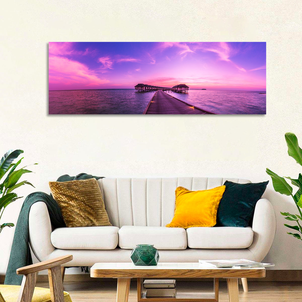 Sunset Pier Overwater Bungalows Wall Art in a room, panoramic