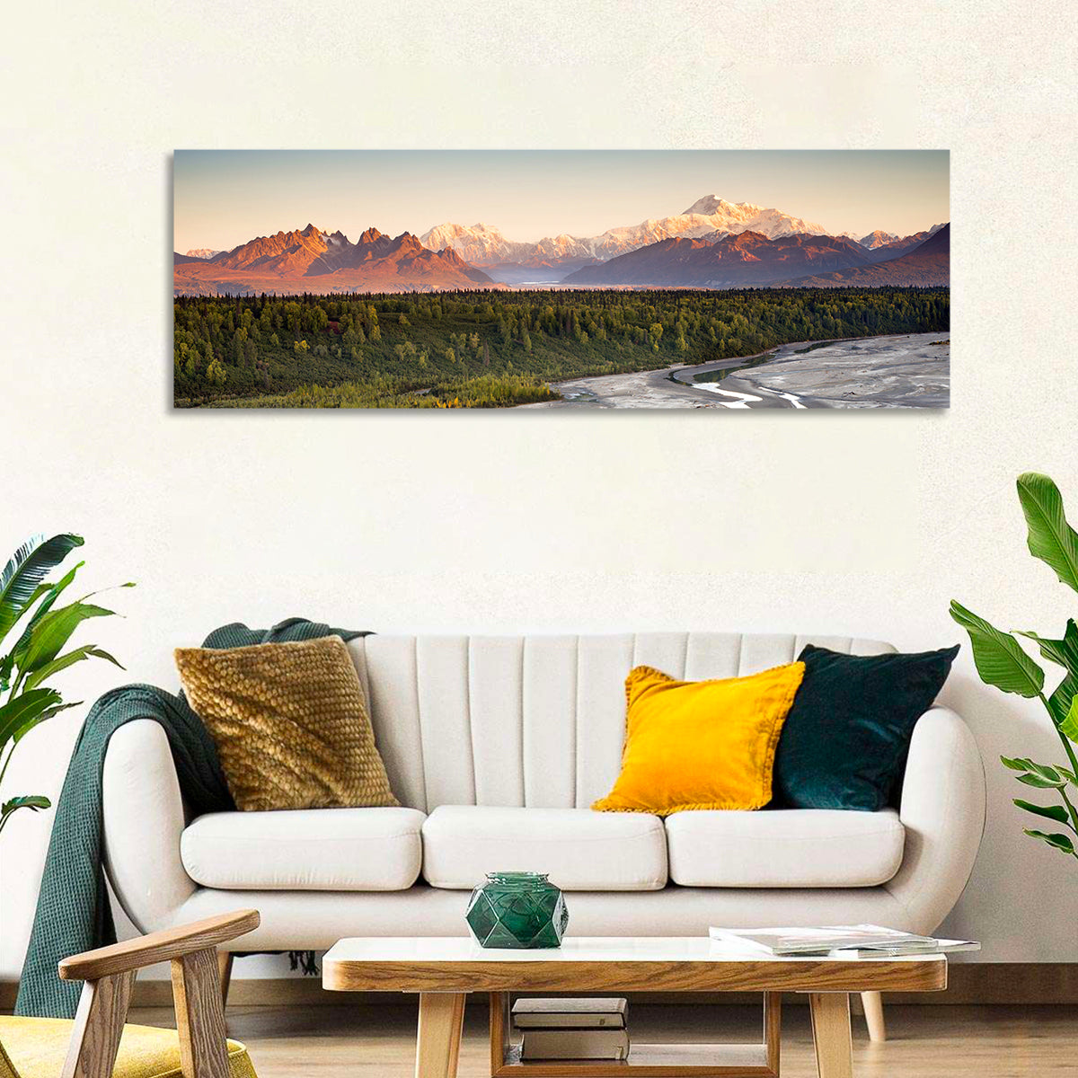 Denali Sunrise Over Boreal Forest Wall Art in a room, panoramic