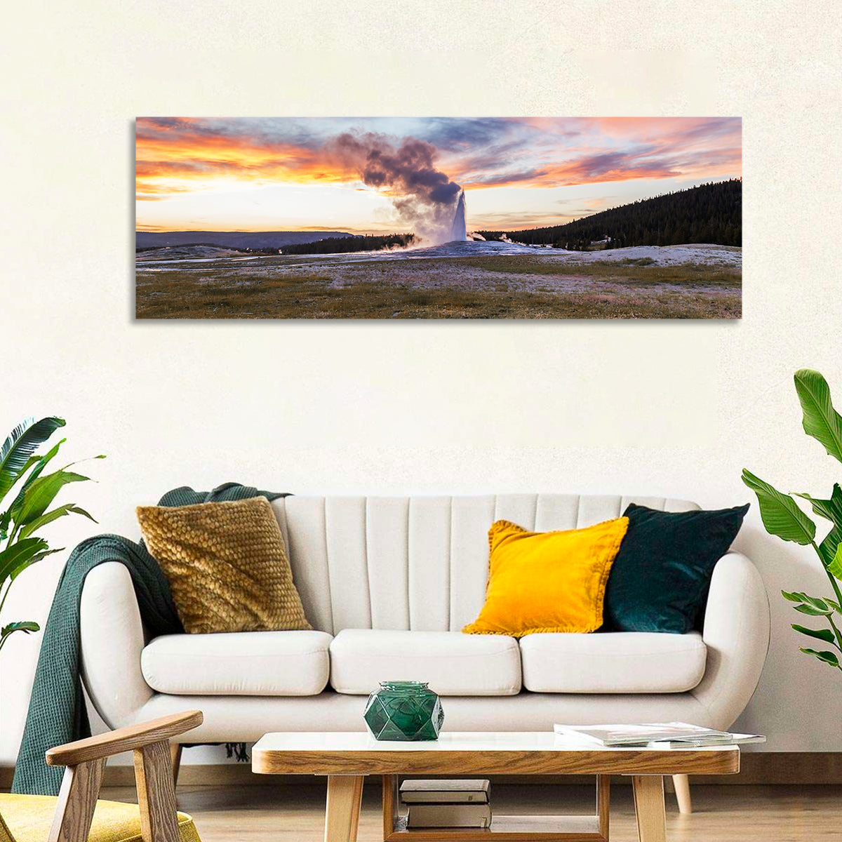 Old Faithful Erupting at Sunset Wall Art
