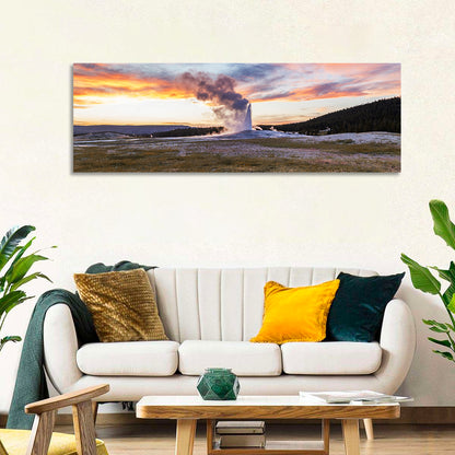 Old Faithful Erupting at Sunset Wall Art