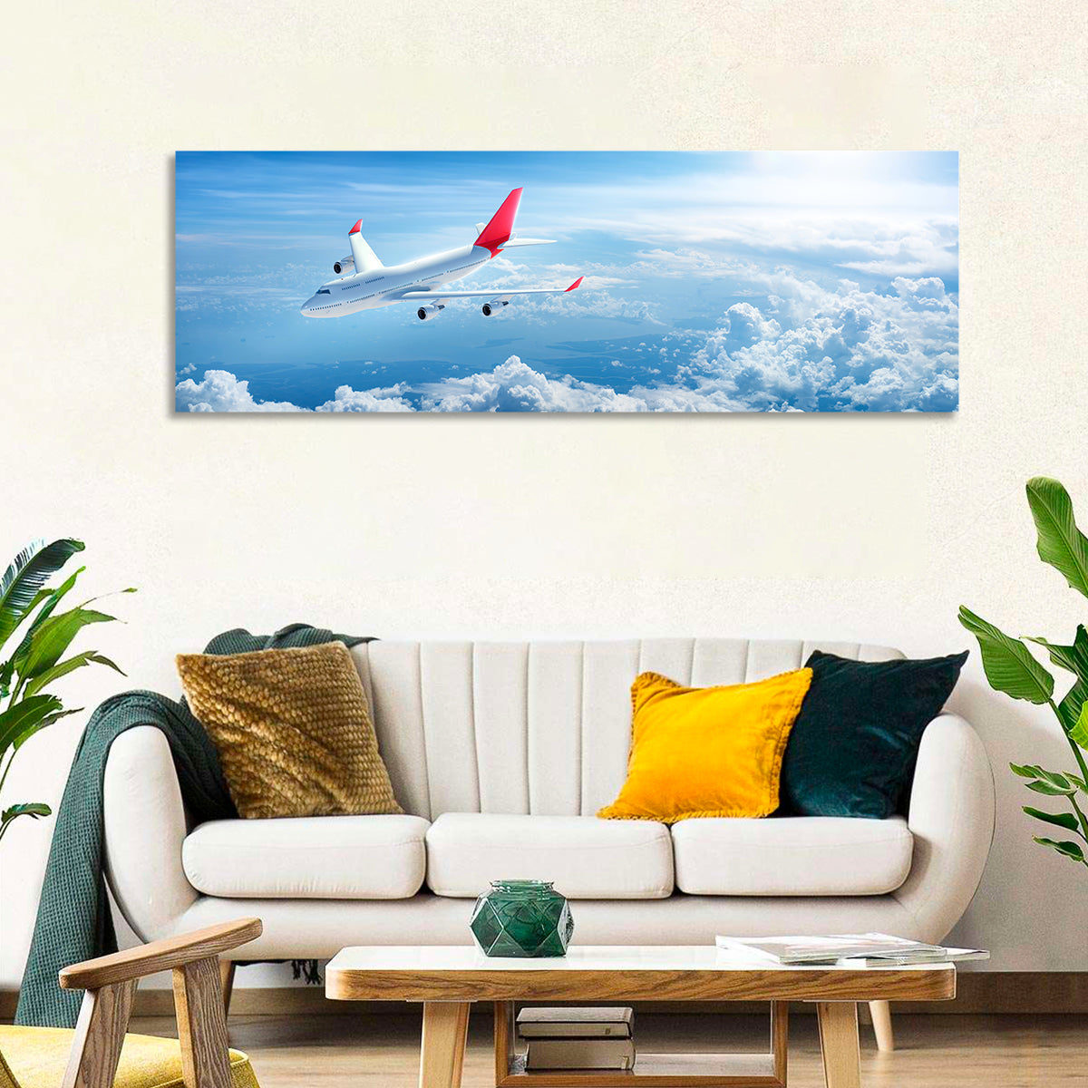 Airplane Over Blue Cloudscape Wall Art in a room, panoramic