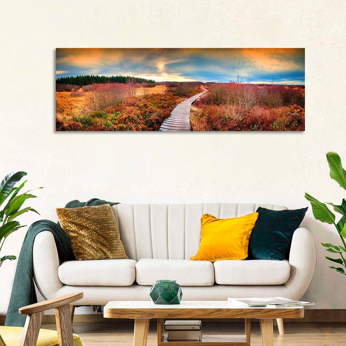 Autumn Heathland Boardwalk Wall Art in a room, panoramic