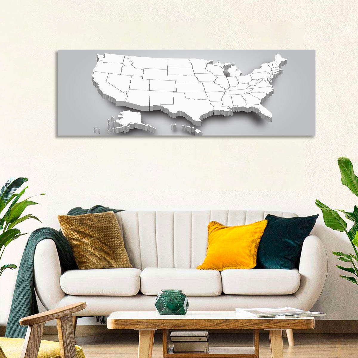 3d USA Map with Alaska and Hawaii Wall Art in a room, panoramic