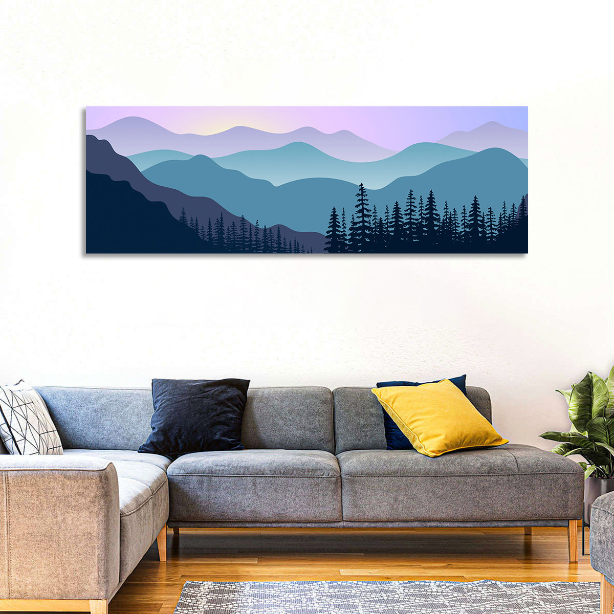 Purple Dawn Mountain Range Wall Art in a room, panoramic