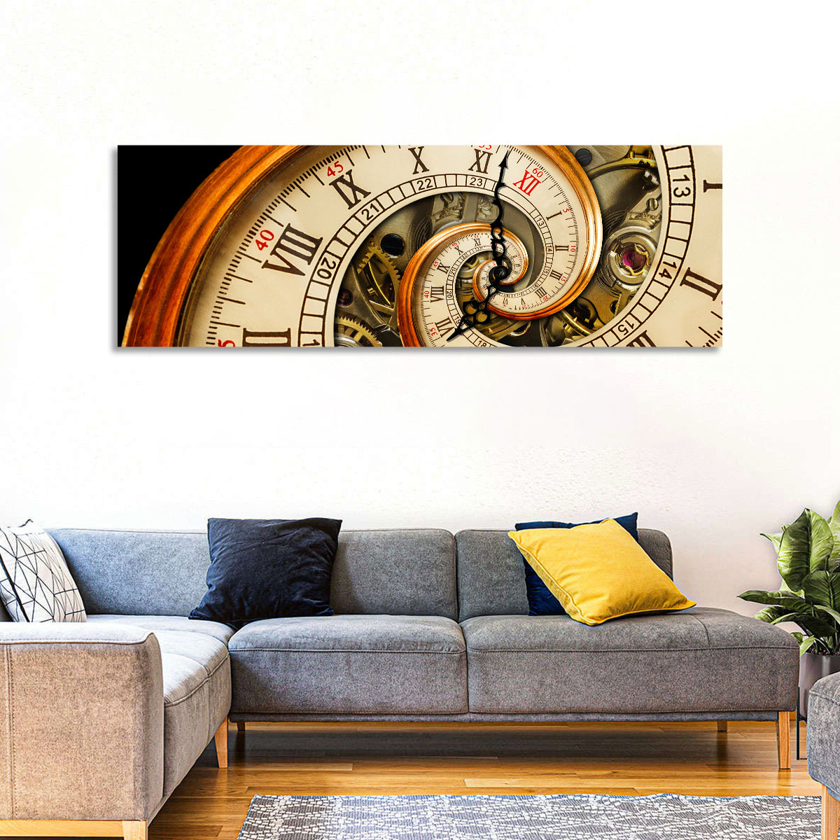 Antique Spiral Clock Face Wall Art in a room, panoramic