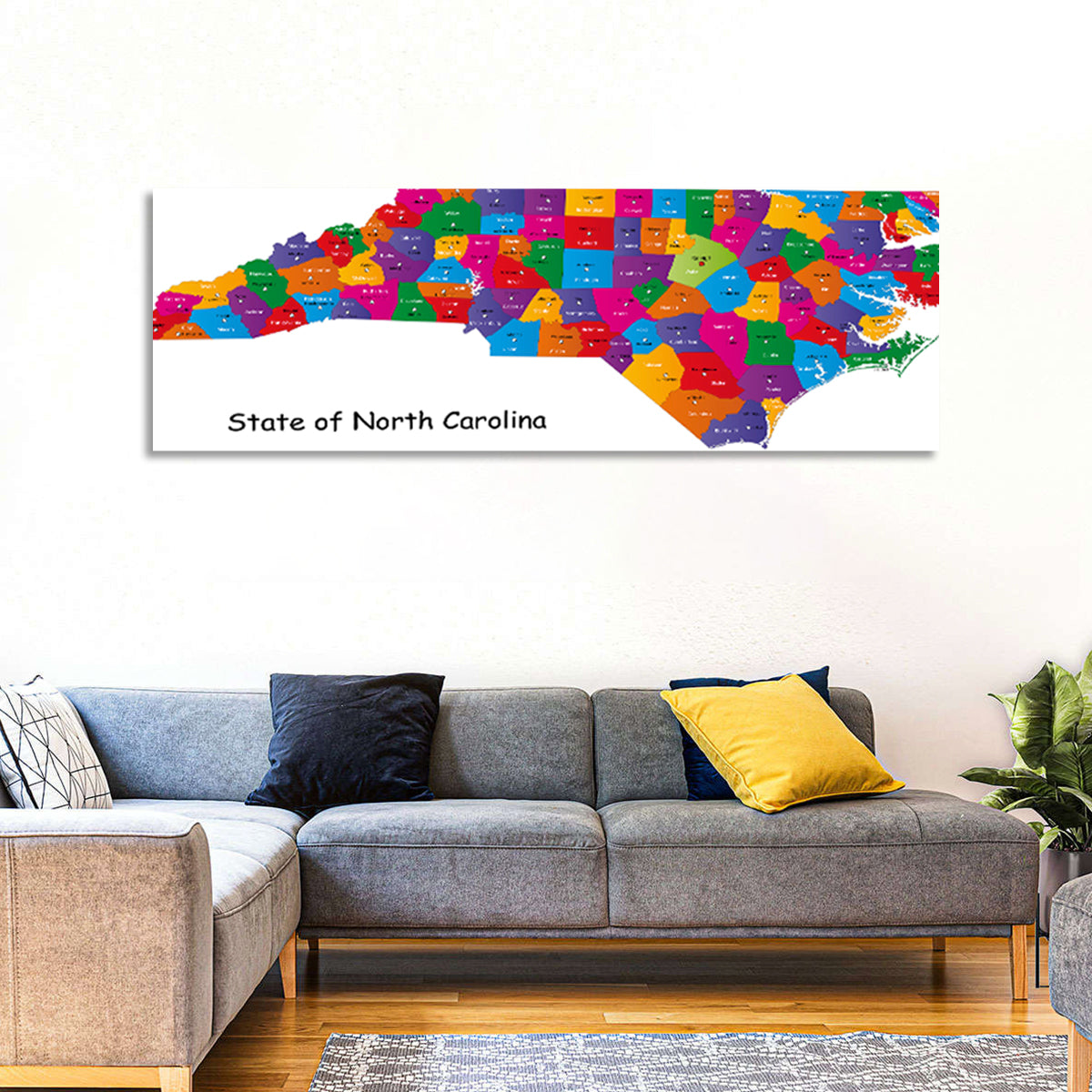 Colorful North Carolina Map Wall Art in a room, panoramic