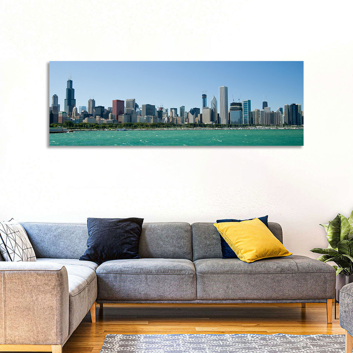 Chicago Skyline with Willis Tower Wall Art in a room, panoramic