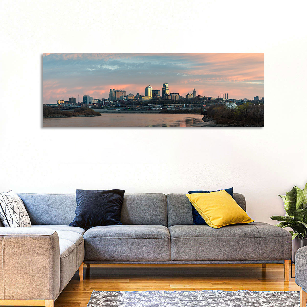 Kansas City Sunset Skyline Wall Art in a room, panoramic