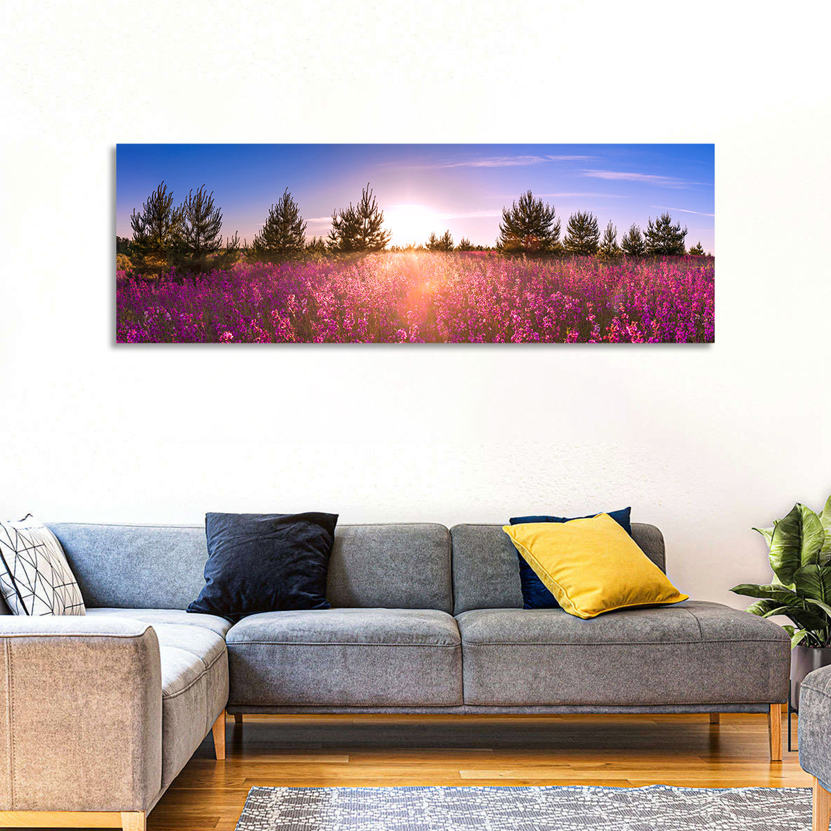 Sunrise Wildflower Meadow Wall Art in a room, panoramic