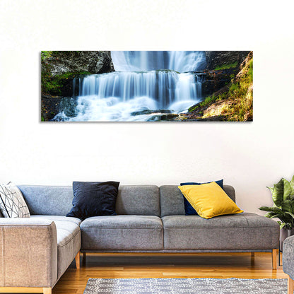 White Waterfall Over Mossy Rocks Wall Art