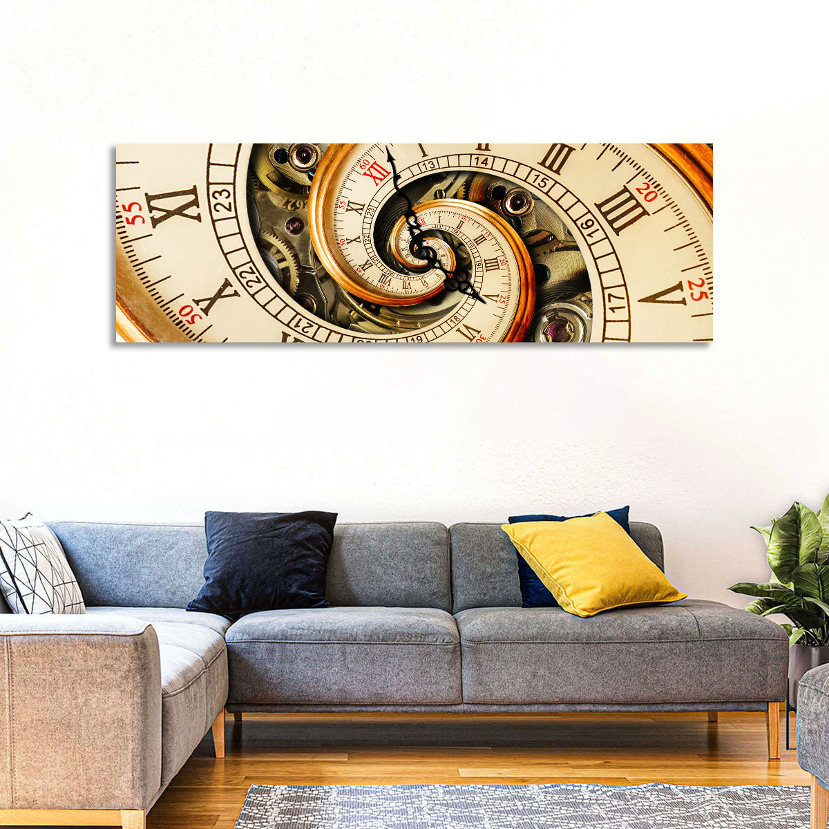 Steampunk Spiral Clock Wall Art in a room, panoramic