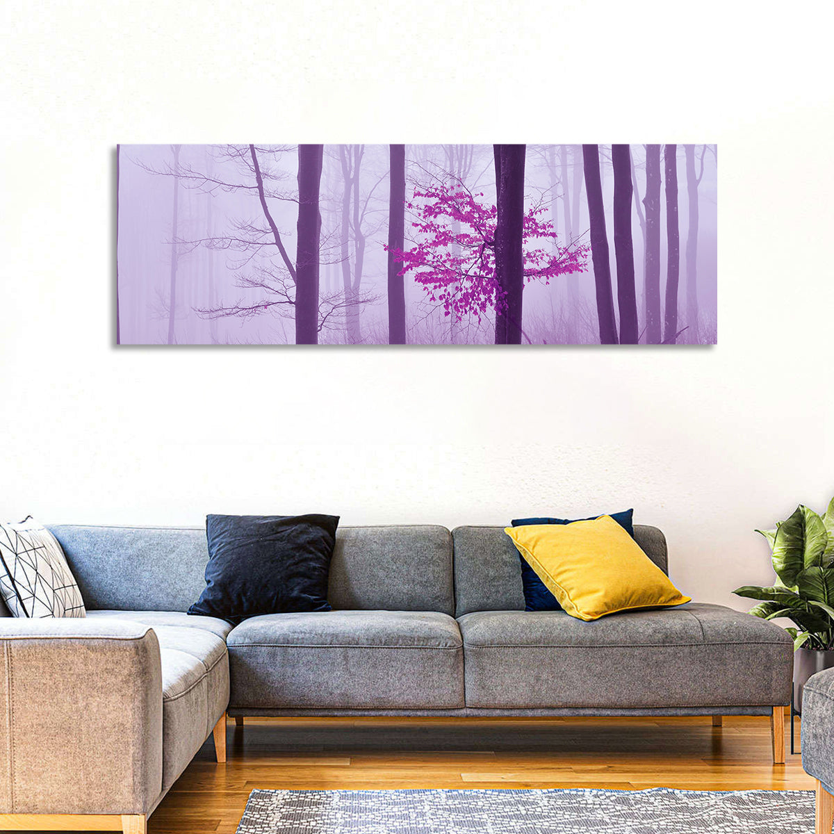 Magenta Tree in Foggy Forest Wall Art in a room, panoramic