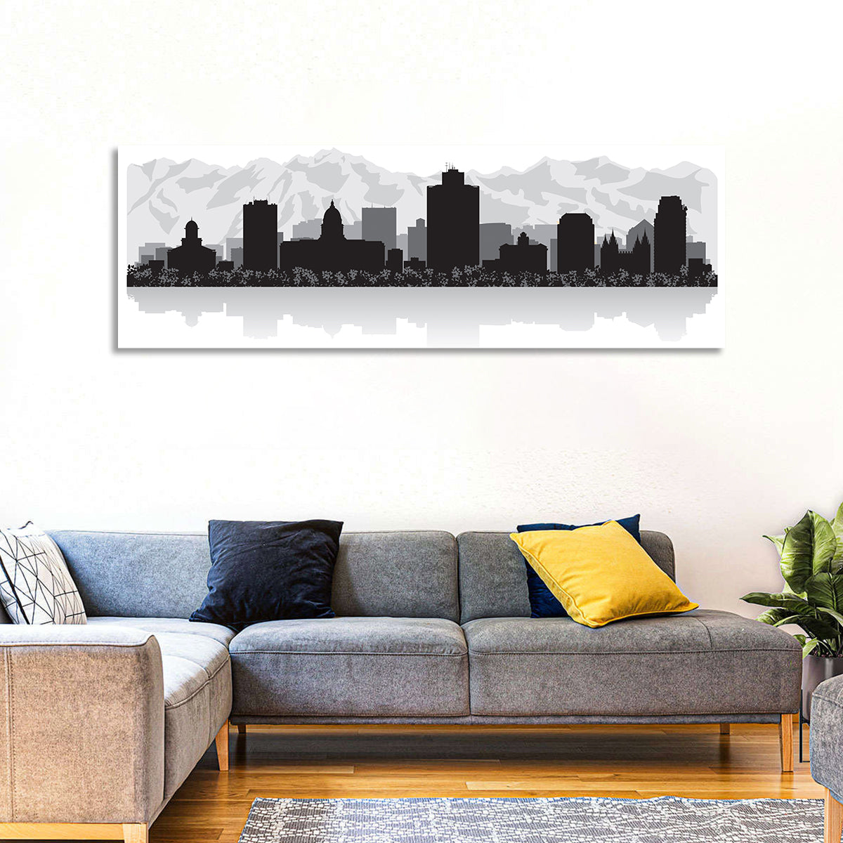 Salt Lake City Skyline Wall Art in a room, panoramic