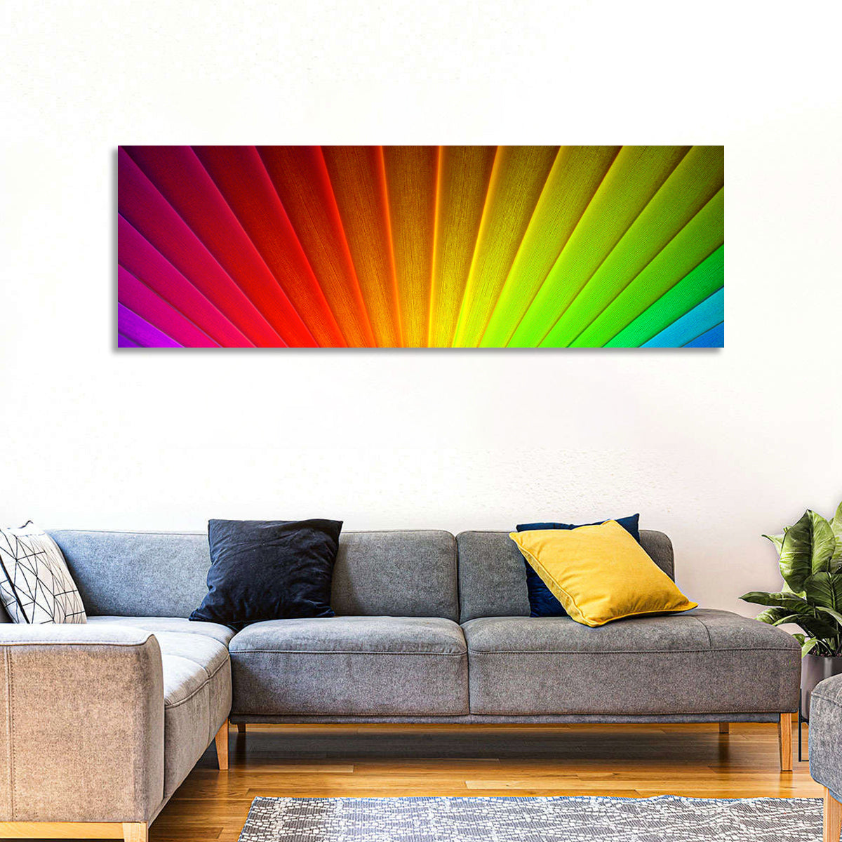 Geometric Rainbow Rays Wall Art in a room, panoramic