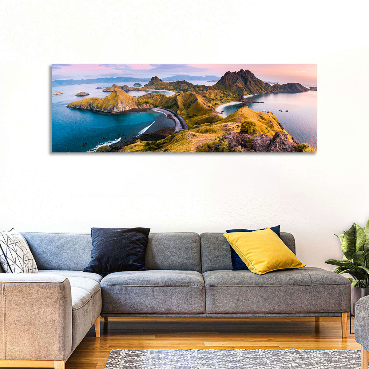 Padar Island Sunrise View Wall Art in a room, panoramic