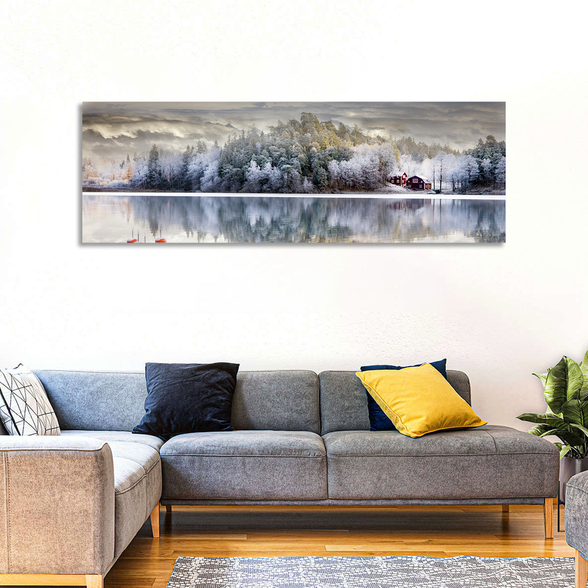 Red Cottage by a Frozen Lake Wall Art