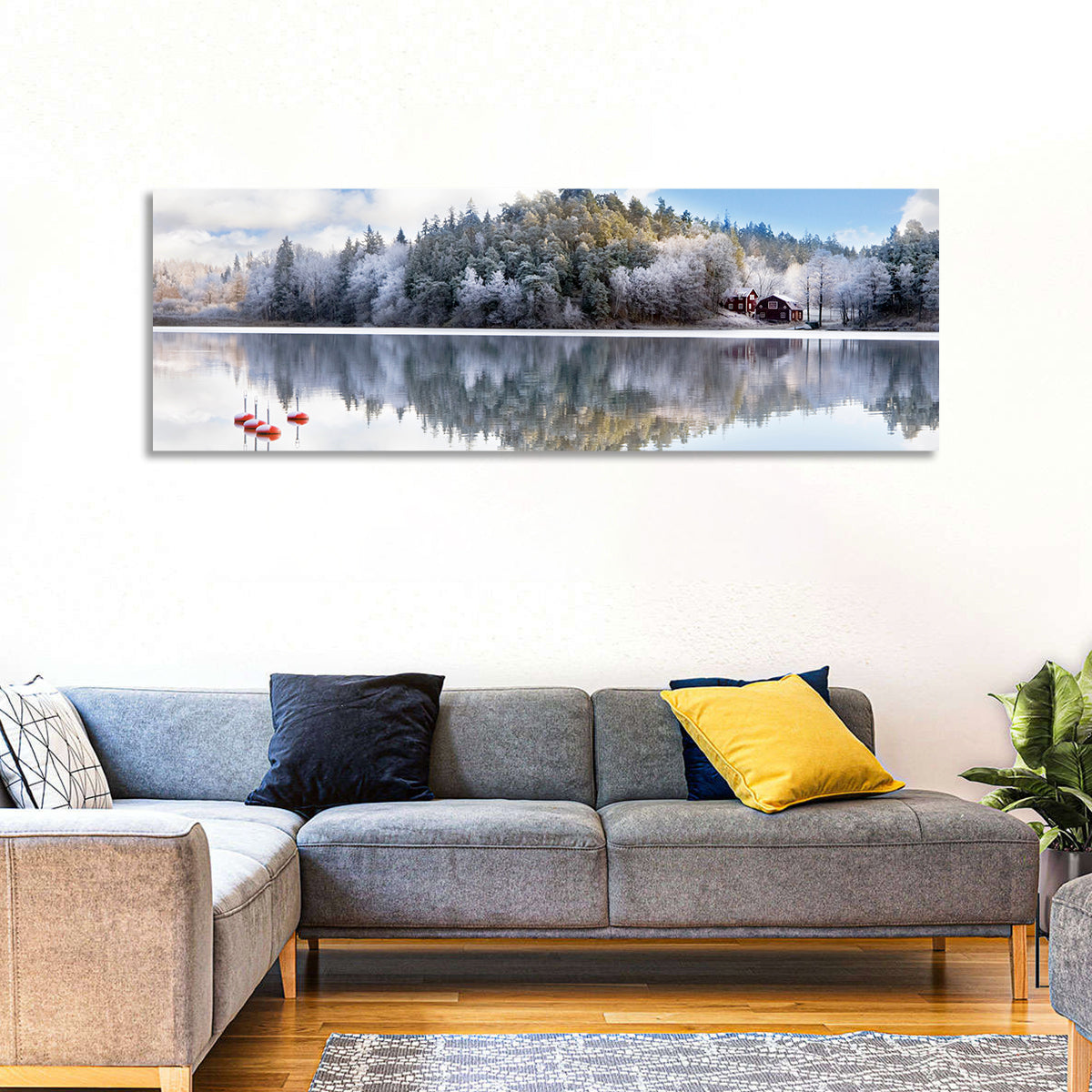 Red Cottages on Winter Lake Wall Art in a room, panoramic