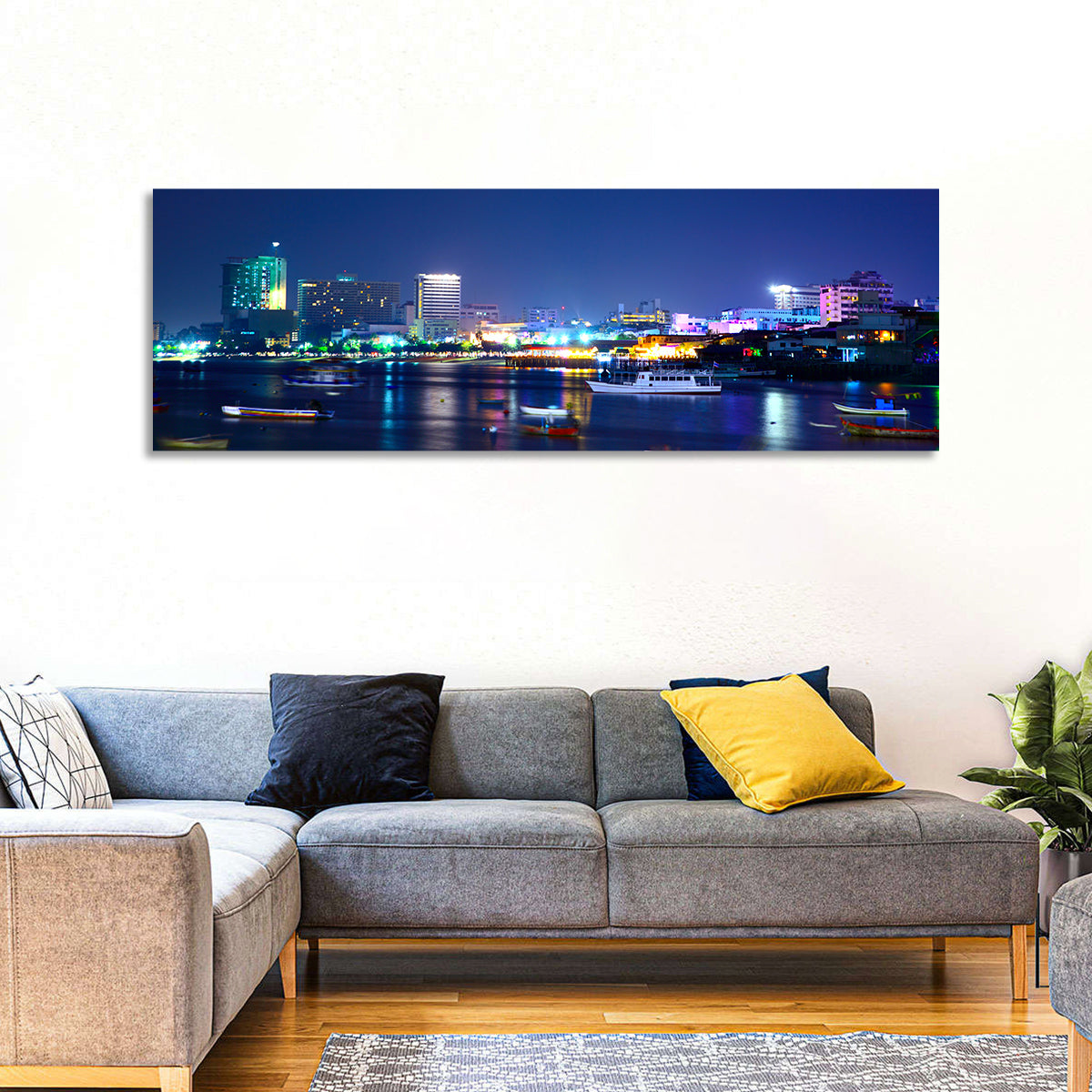Pattaya Bay Night Skyline Wall Art in a room, panoramic