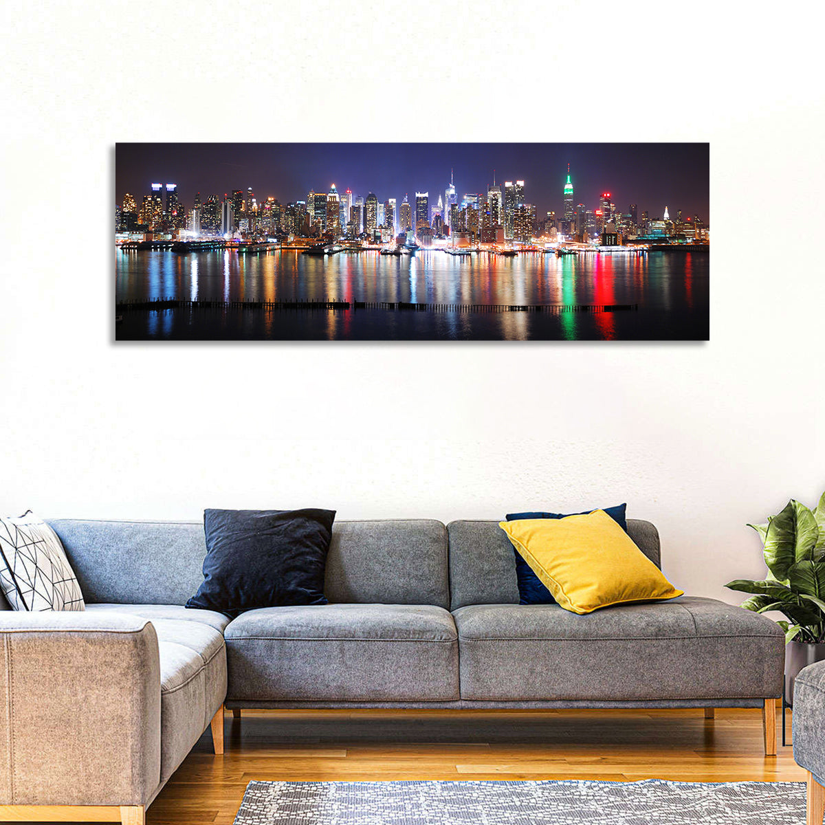 New York Skyline Mirror Reflection at Night Wall Art in a room, panoramic