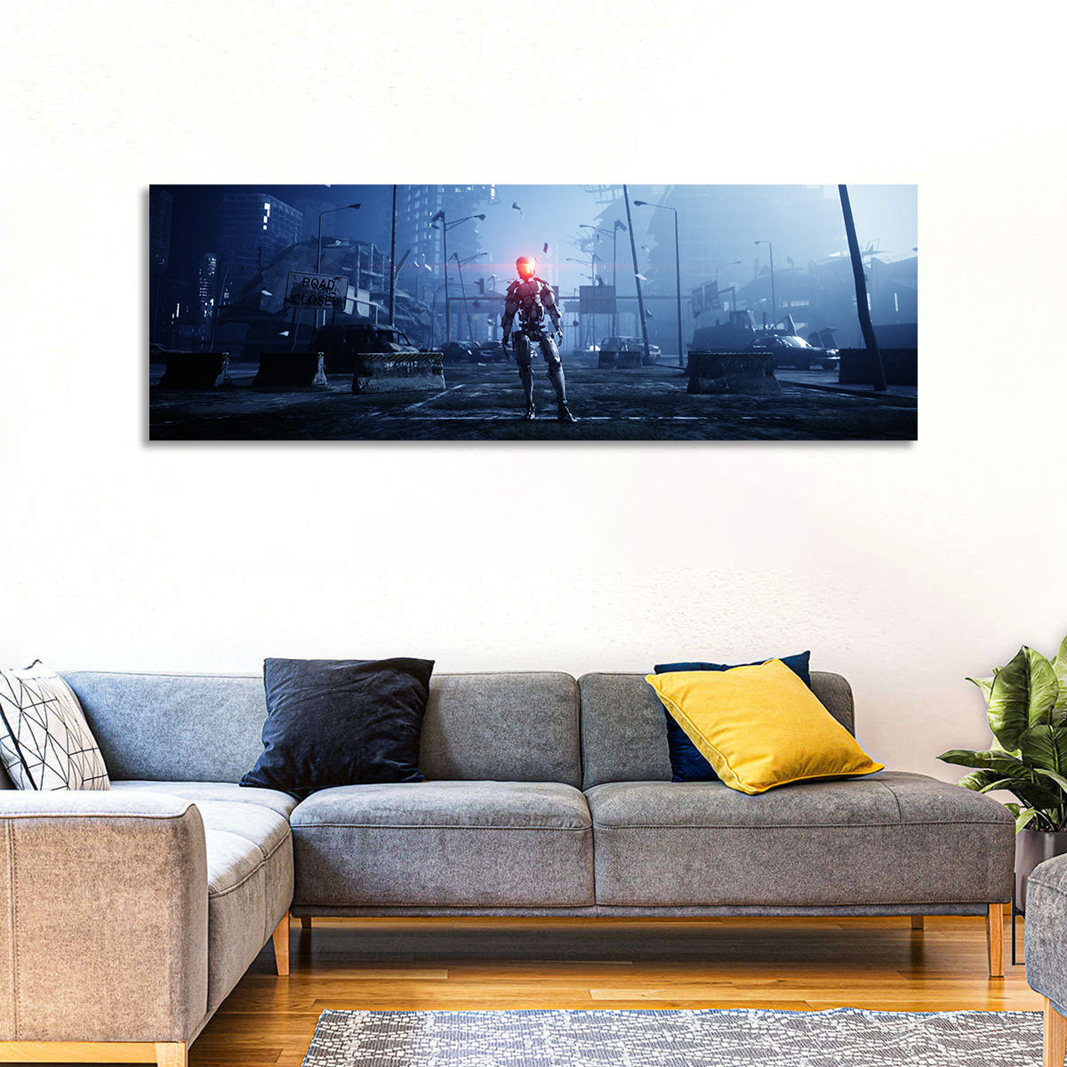 Alien Robot in Ruined City Wall Art in a room, panoramic