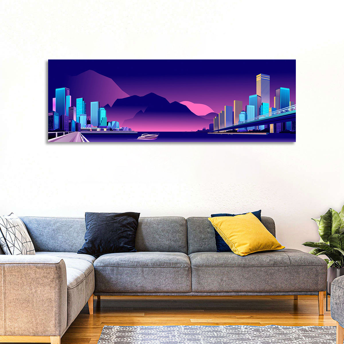 Purple Harbor Skyline Wall Art in a room, panoramic