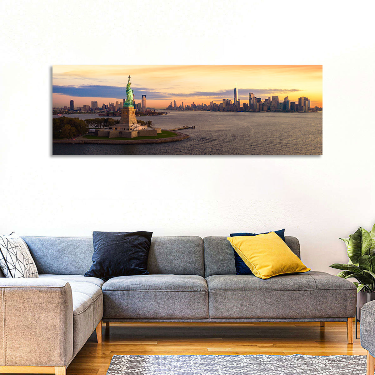 Statue of Liberty Golden Hour Wall Art in a room, panoramic