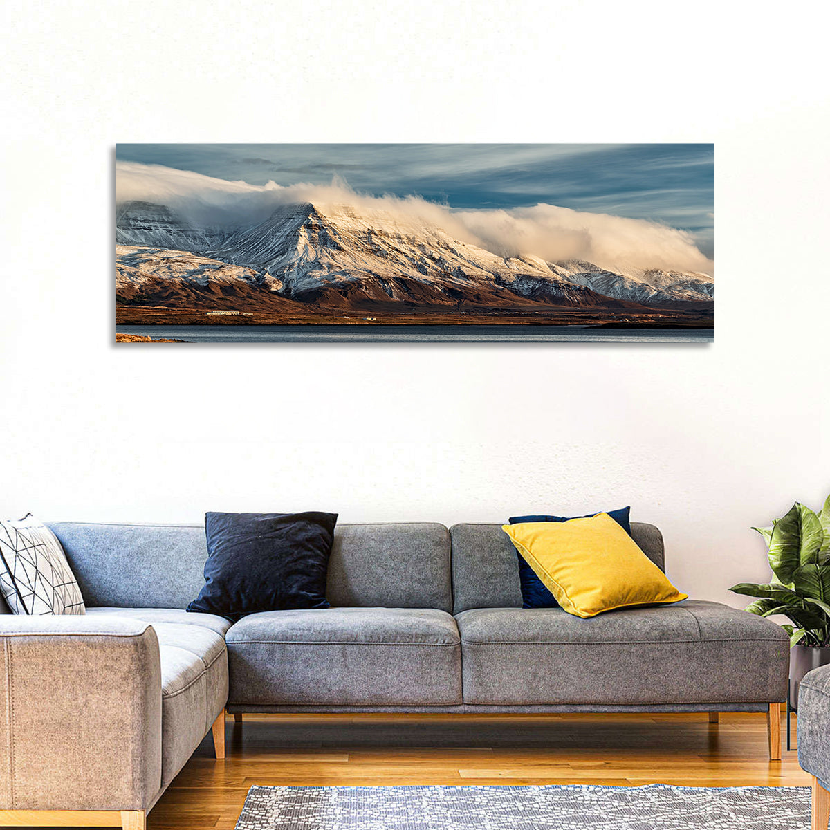 Reykjavik Golden Hour Mountains Wall Art in a room, panoramic
