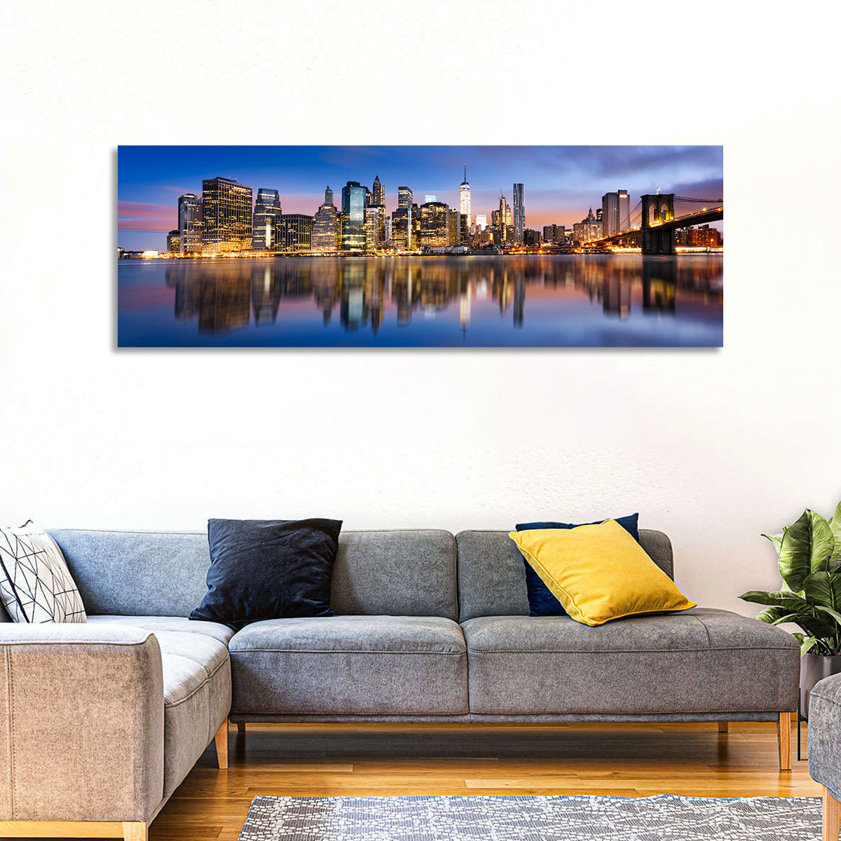 Manhattan Skyline at Twilight Wall Art in a room, panoramic