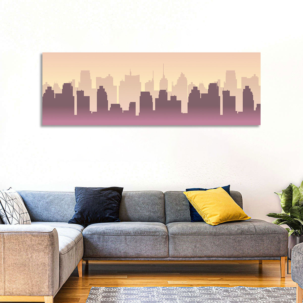 Silhouetted City Skyline Wall Art in a room, panoramic