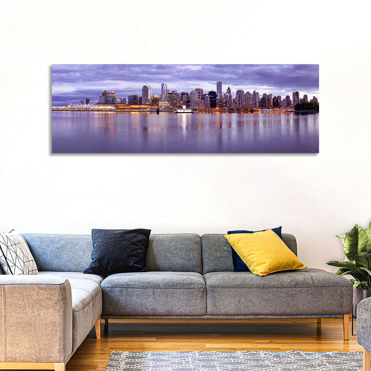 Vancouver Skyline at Twilight Wall Art in a room, panoramic
