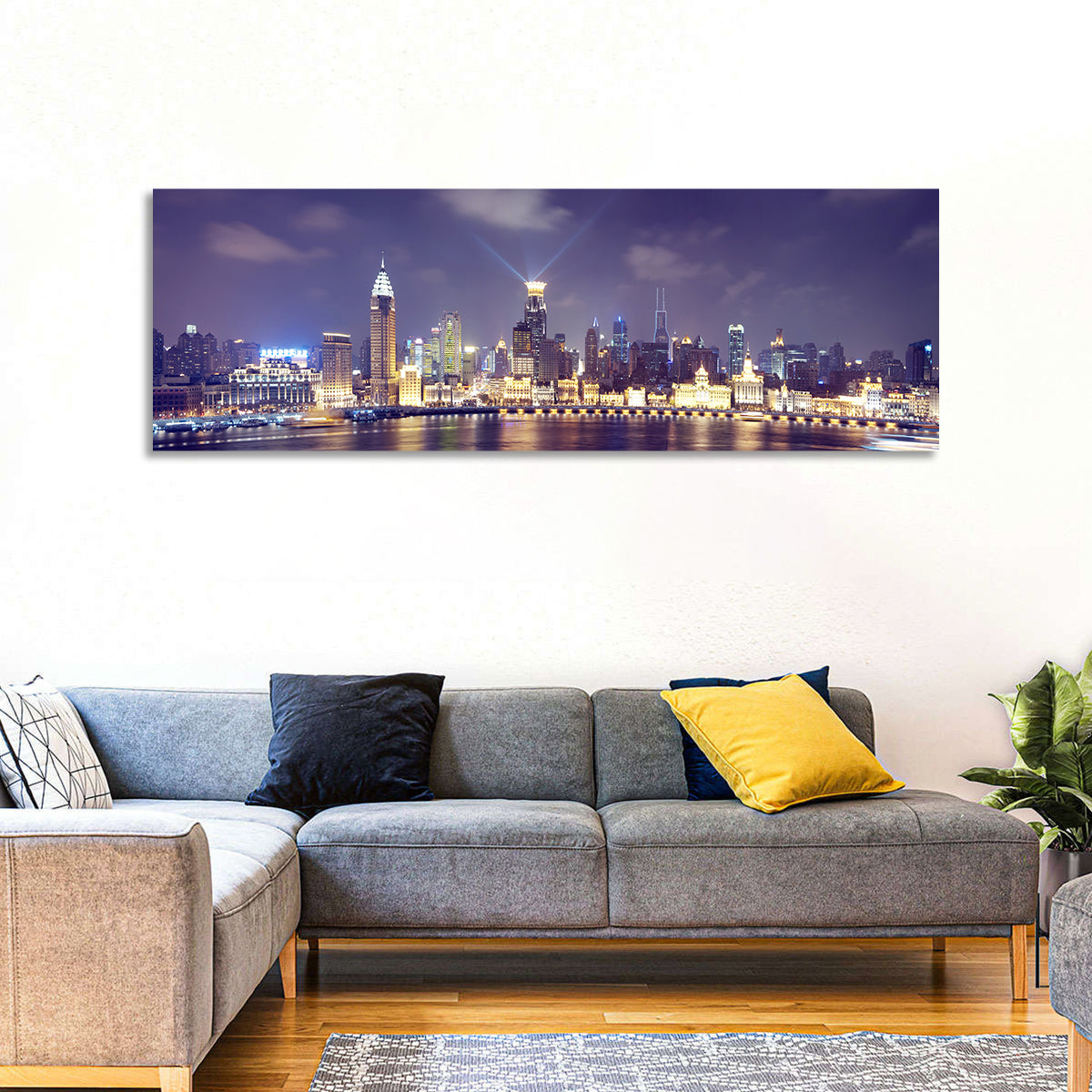 Shanghai Night Skyline Wall Art in a room, panoramic