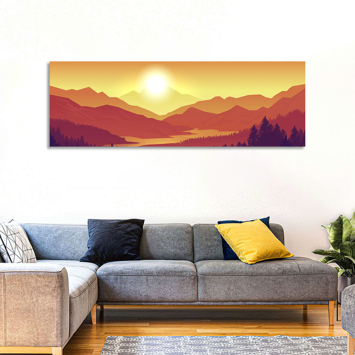 Sunset Pines and Layered Mountains Wall Art in a room, panoramic