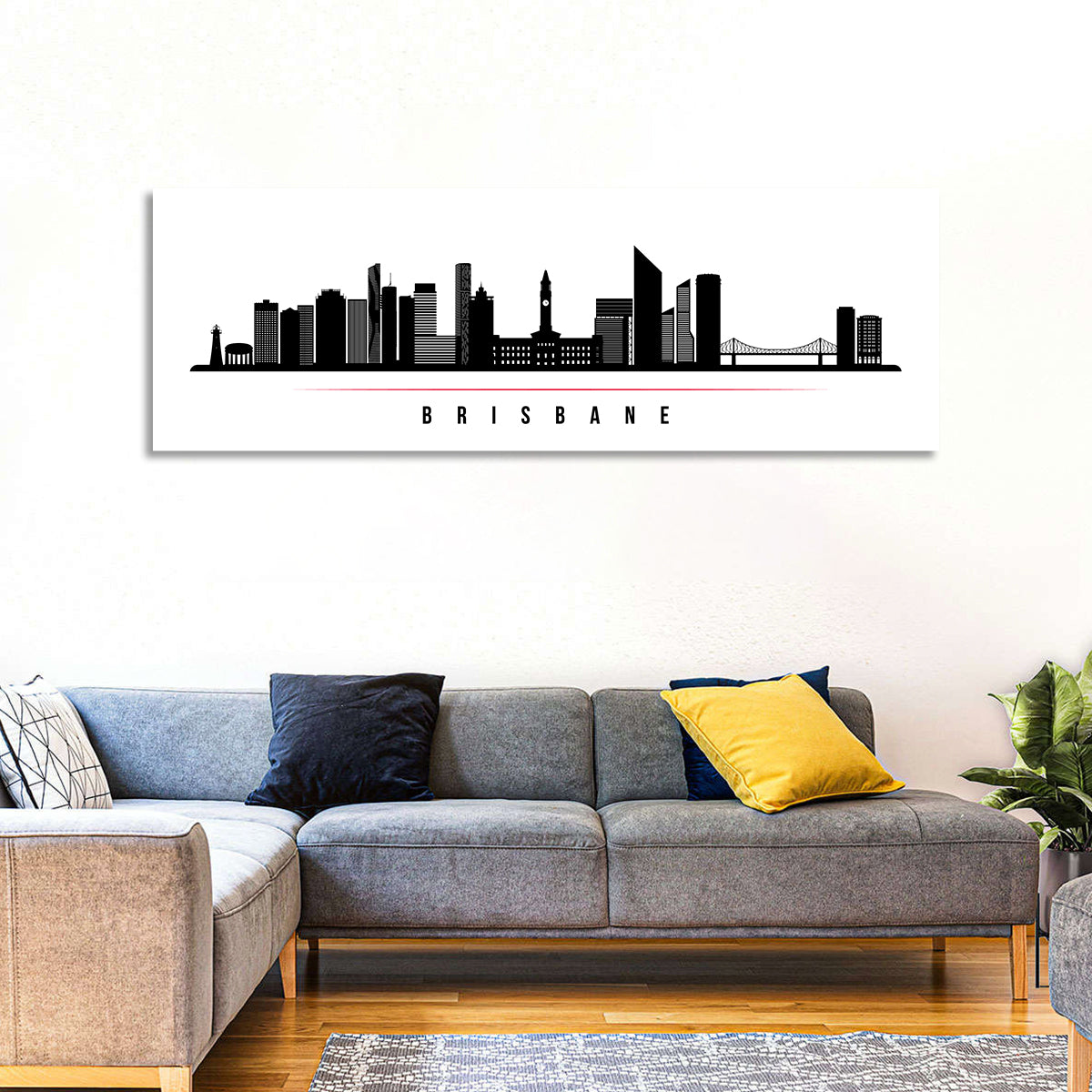 Brisbane City Skyline Wall Art in a room, panoramic