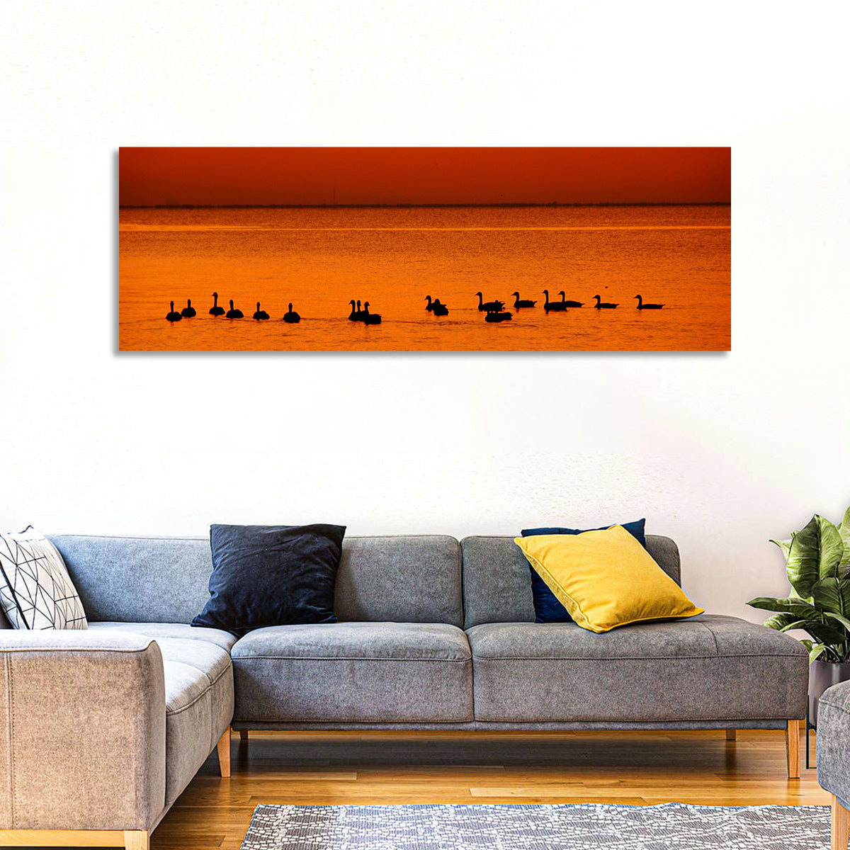 Geese Silhouettes at Orange Sunset Wall Art